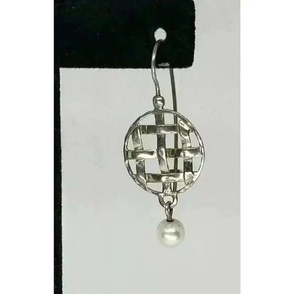 Vintage Pearl Earrings Sterling Silver Basket Weave Genuine Drop Dream Catcher - Picture 2 of 7